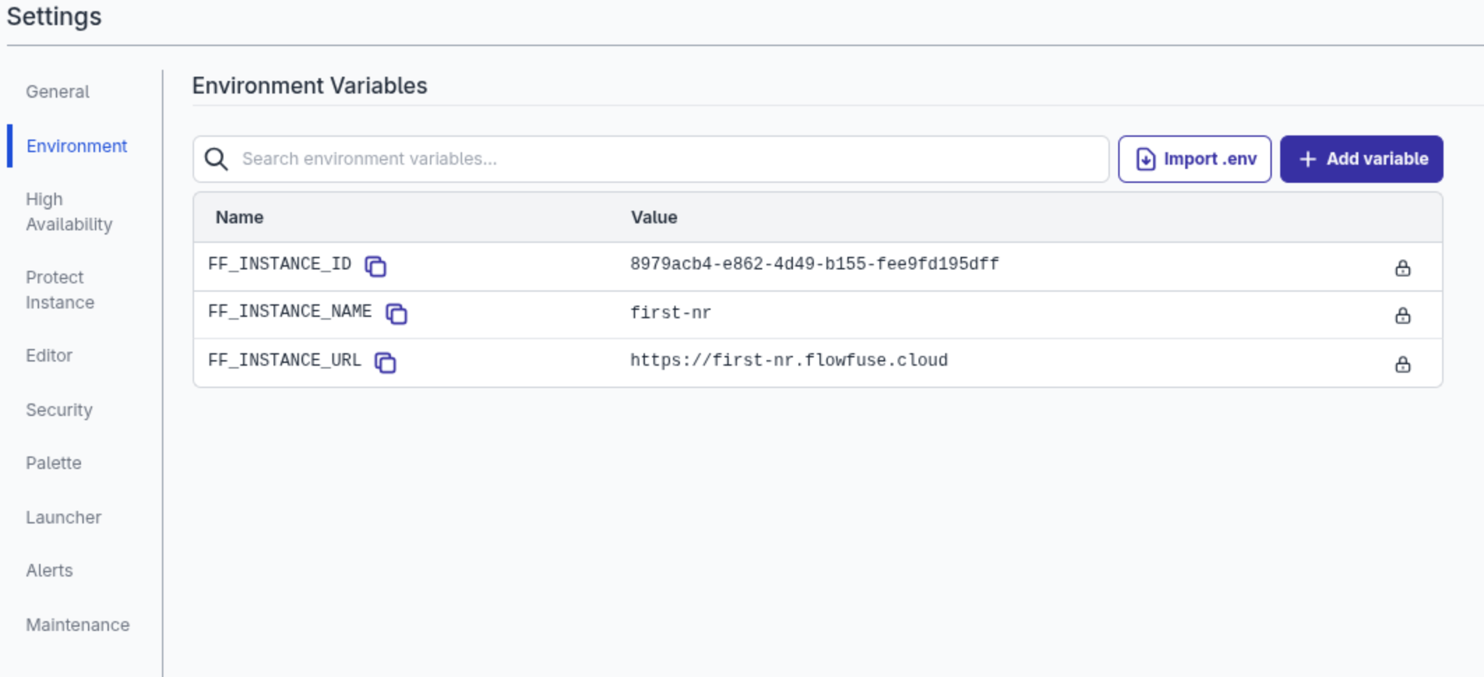 List of Hosted Instance Environment Variables